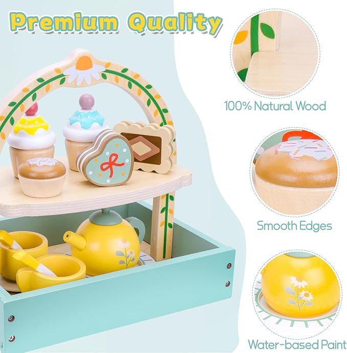 Hysagtek Wooden Tea Party Set for Little Girls, Toddler Tea Set with Cupcake Stand,Teapot Tea Cup Dessert Toys Tea Set Pretend Accessories for Girls Christmas Birthday Gift