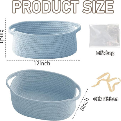 JMvicyroam Woven Basket,Small Rope Storage Bin with Handles & Ribbon Bag, Organizer for Shelves Closets,Gift Basket Empty for Birthday,Books,Dog Toys, Blue