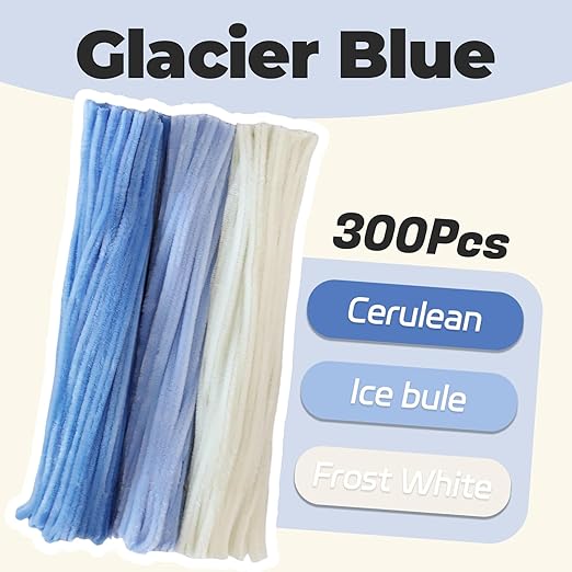 Glacier Blue Pipe Cleaner Set, 300 Thick Chenille Stems for Crafts – Perfect for Animals, Flowers & Festive Decorations, 12" x 0.24"