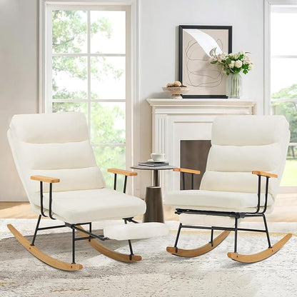 Rocking Chair with Footrest-Glider Rocker Chair with Retractable Footrest and Adjustable Backrest, Teddy Upholstered Rocking Chair Set of 2, Accent Chair for Living Room/Nursery/Bedroom/Outdoor-Beige