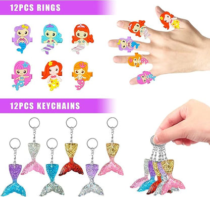 90 PCS Mermaid Party Favors for Girls Mermaid Birthday Supplies Bracelets Stampers Necklaces Rings Keychains Tattoo Stickers Post-it Notes Goodie Bags for Mermaid Birthday Party Supplies (Mermaid)