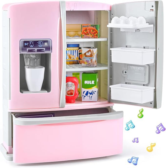 PLAY Kids Kitchen Refrigerator with Ice Dispenser, Pretend Kid Toy Fridge Kitchen Playset, Kitchen Appliance Accessories for Girl Boy Christmas Birthday Gift Age 3+, Pink