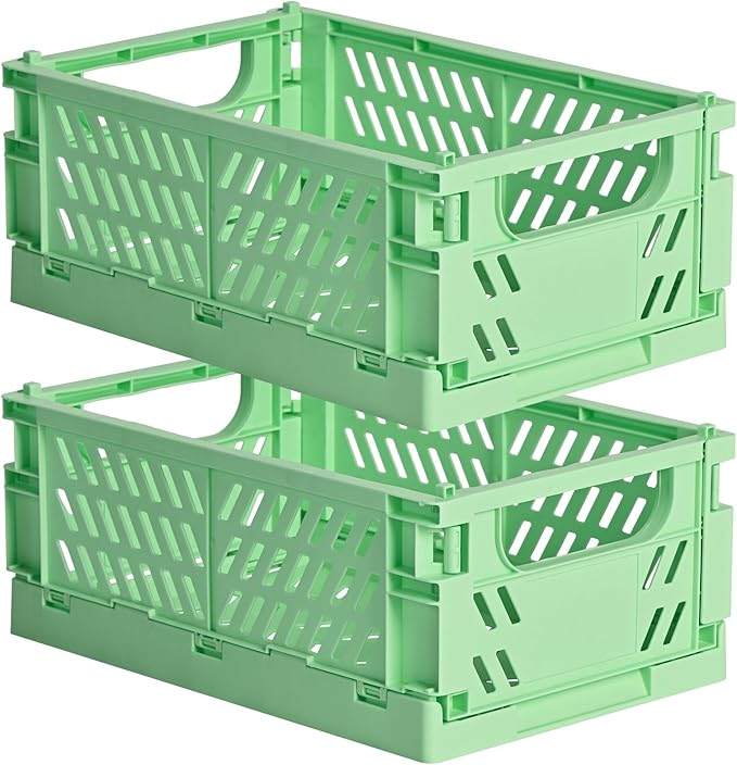 HUUSMOT 2-Pack Small Pastel Plastic Storage Baskets, Collapsible Crates for Organizing, Space-Saving Mini Bins for Classroom, Kitchen, Office, Bedroom (Green, 9.8" x 6.5" x 3.8")