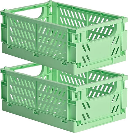 HUUSMOT 2-Pack Small Pastel Plastic Storage Baskets, Collapsible Crates for Organizing, Space-Saving Mini Bins for Classroom, Kitchen, Office, Bedroom (Green, 9.8" x 6.5" x 3.8")