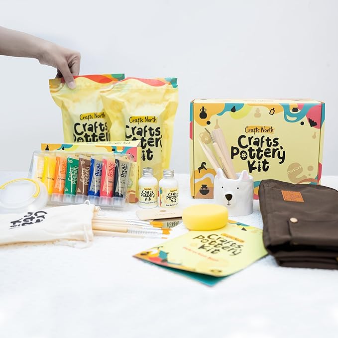 Crafts North Air-Dry Clay Pottery Kit – Complete DIY Clay Set with Tools, Paints, Apron & Step-by-Step Guide – Creative Craft Activity for Beginners, Date Nights & Group Events
