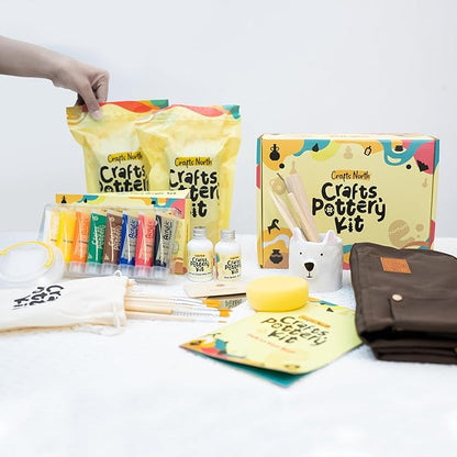 Crafts North Air-Dry Clay Pottery Kit – Complete DIY Clay Set with Tools, Paints, Apron & Step-by-Step Guide – Creative Craft Activity for Beginners, Date Nights & Group Events