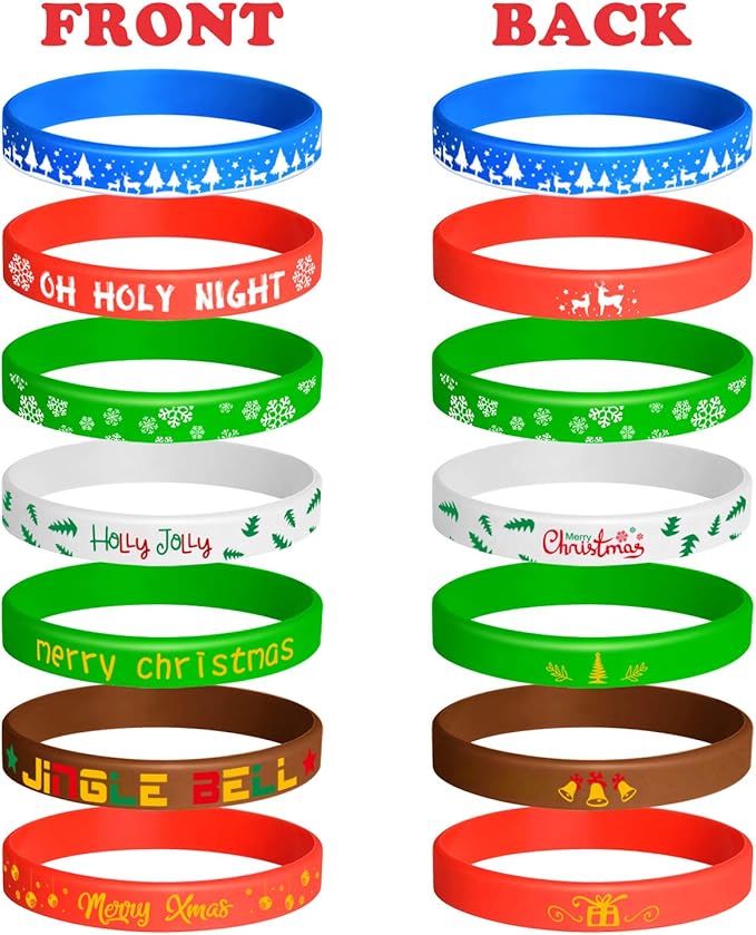 FEPITO 70 Pieces Christmas Silicone Wristbands Rubber Band Bracelets for Christmas Party Decoration Supplies 7 Merry Xmas Style
