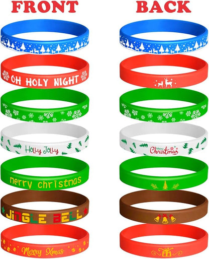 FEPITO 70 Pieces Christmas Silicone Wristbands Rubber Band Bracelets for Christmas Party Decoration Supplies 7 Merry Xmas Style