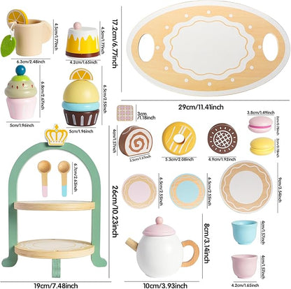 Wooden Tea Party Set for Little Girls,Pretend Play Kitchen Accessories for Toddler 2-10 Years Old,20pcs Wooden Toys for 2 3 4 5 6 Year Old Girl Birthday Gift