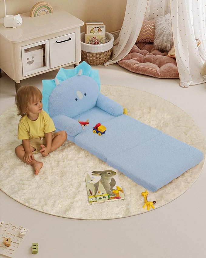 MOONBEEKI Comfy Toddler Chair, Kids Couch Fold Out to Lounger, Foldable Baby Sofa Plush for Girl and Boy Age 18 Months and Up （Blue Triceratops）