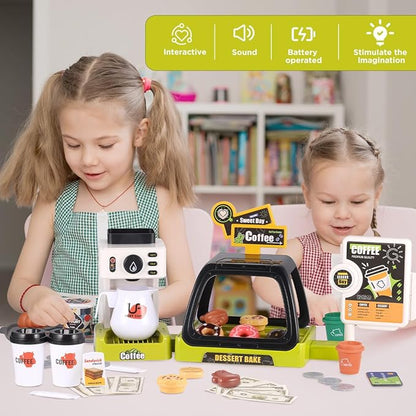 GAGAKU Toy Coffee Maker Machine and Cash Register Kit with Sound Light Kids Kitchen Pretend Play Sets Kitchen Appliances Toy for Boys Girls-Green
