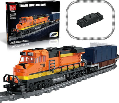 Burlington Train Building Set, Freight Cargo Train, with Rechargeable Motorized Working Head, 2 Coaches and 32 Tracks, Gift for Boys&Girls Teens Age12-16 (1065 Pieces)