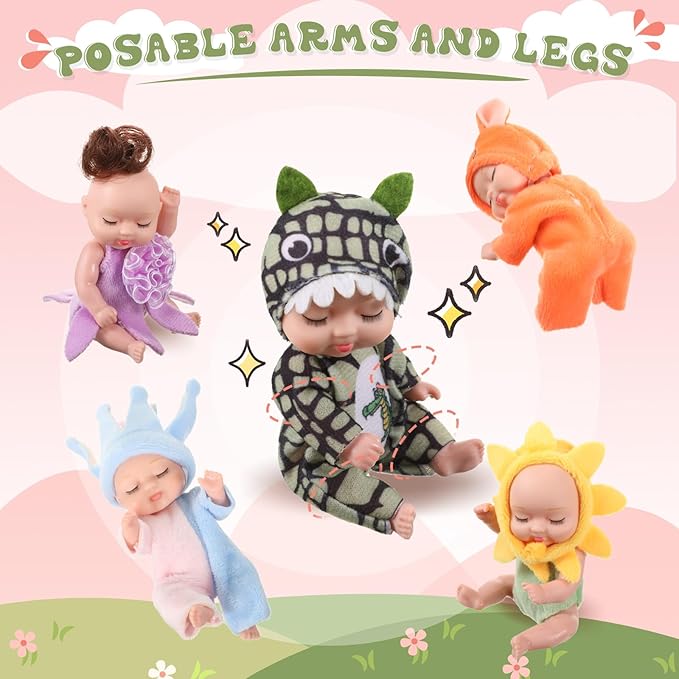 Hanaive 10 Pcs 4 Inch Mini Baby Dolls Lifelike Realistic Tiny Baby Dolls with Animal Clothes Cute Infant Figurine Gifts Set for Toddlers Girls Kids 3+ Easter Graduation Birthday(Cute Style)