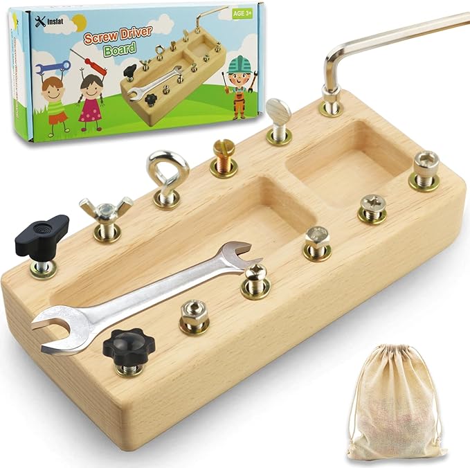 Inslat Montessori Screwdriver Board Set, Wooden Montessori Toy Tool for 3 4 5 Year Old Kids, Educational Screw Board Sensory Learning Toys STEM Fine Motor Skills Toys