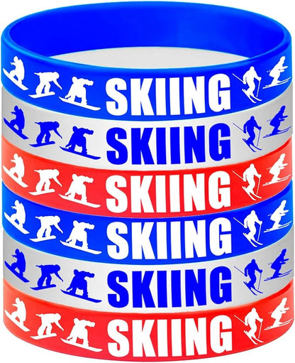 24PCS Skiing Themed Rubber Bracelets Sport Slicone Wristbands Snowboard/Skier Party Supplies Birthday Baby Shower Party Favors