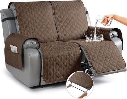TAOCOCO 100% Waterproof Recliner Covers, Recliner Sofa Covers with Leg Straps, Reversible Recliner Couch Cover for Reclining Chair, Washable Couch Protector for Pets Kids(2 Seater, Brown)