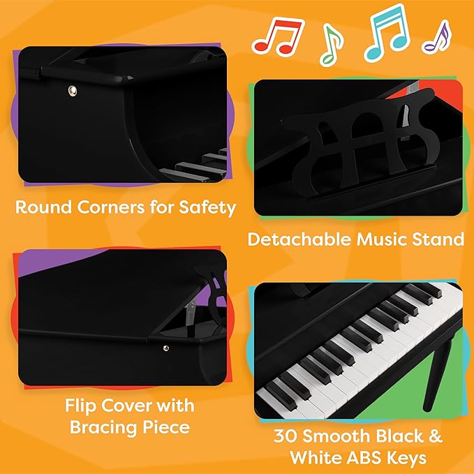 Kids Piano - 30 Key Mini Grand Piano with Music Stand, Bench, and Note Stickers - for Beginners - Instruments for Kids by Hey Play (Black)