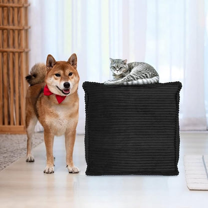 Louis Donné Unstuffed Pouf Ottoman Cover for Storage Black Square Poofy Ottomans Foot stool for Living Room Floor Cushion, Premium Corduroy Fabric, Footrest for Couch and Single Sofa 17.7"(Only Cover)