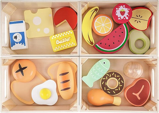 Food Groups - Wooden Play Food Sets, Pretend Play Kitchen Toys, Toy Food Accessories for Toddlers 1-3, Wood Play Fake Food for 1 2 3 Year Old Boys Girls Birthday Gift