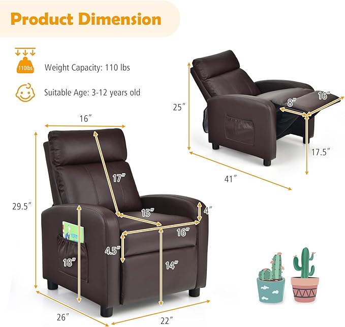 Costzon Kids Recliner, Adjustable PU Leather Lounge Chair w/Side Pockets, Footrest, Headrest for Kids Room & Play Room, Easy to Clean, Padded Recliner Sofa for Children Boys Girls Aged 3-12 (Brown)