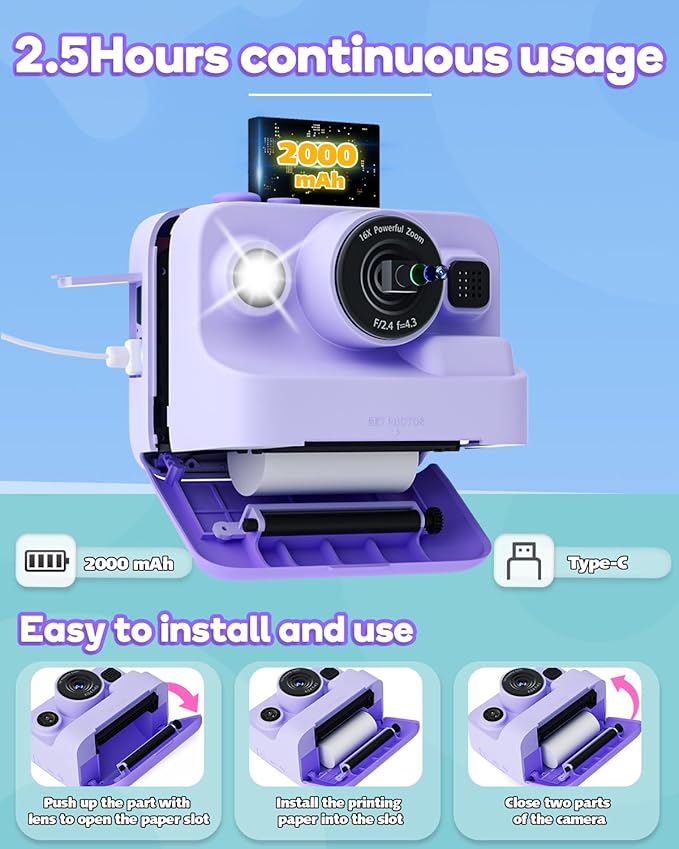 Instant Print Camera for Kids,2.4 Inch Screen Kids Instant Cameras, Christmas Birthday Gifts for Girls Age 3-12, Portable Toddler Toy for 3 4 5 6 7 8 9 10 Year Old Girls Boys Purple
