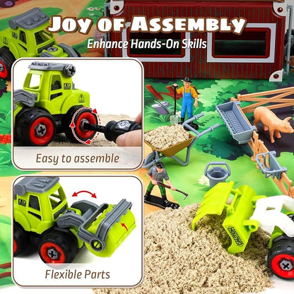 Aprilwolf 69 PCS Farm Sensory Bin Toys Playset, Sandboxes with Sand, Farmer Tractor & Farm Animals Figures Toys for Kids 3 4 5, Gifts for 6 7 Years Old Boys Girls Toddlers