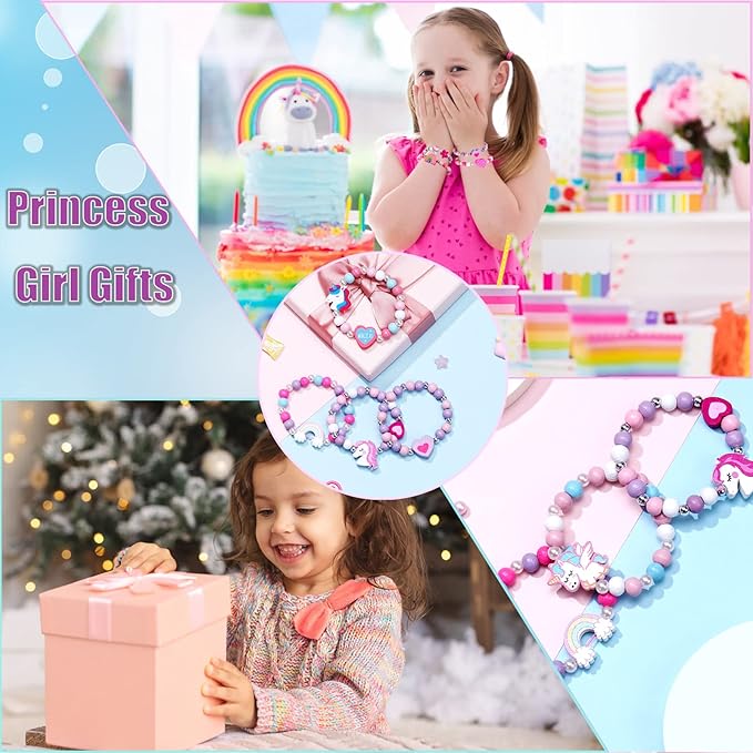 12 Pcs Kids Bracelets for Toddlers Girls - Unicorn Party Favors Pinata Stuffers Birthday Goodies Bag Stuffers Fillers, Cute Wooden Beaded Bracelets Rainbow Heart Pendants Play Jewelry Gifts