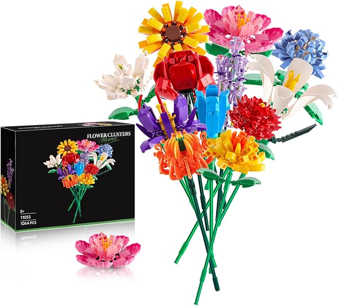 Flowers Bouquet Building Set (1064PCS), 12 Kinds Artificial Flowers Bouquet Set for Adults, Kids, Boys, Girls, Idea Gifts for Mother's Day, Birthdays, Creative Toys Kits Decor for Home Room