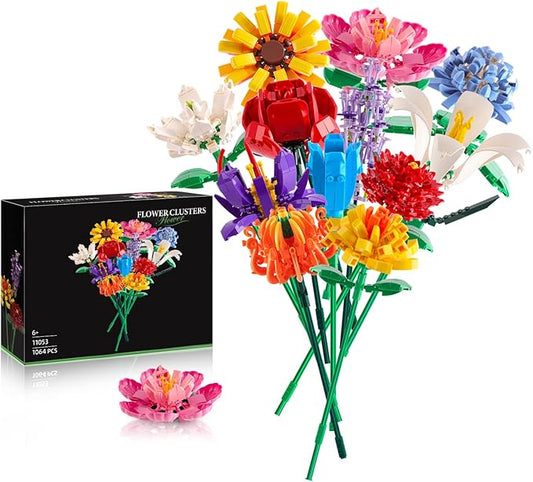 Flowers Bouquet Building Set (1064PCS), 12 Kinds Artificial Flowers Bouquet Set for Adults, Kids, Boys, Girls, Idea Gifts for Mother's Day, Birthdays, Creative Toys Kits Decor for Home Room
