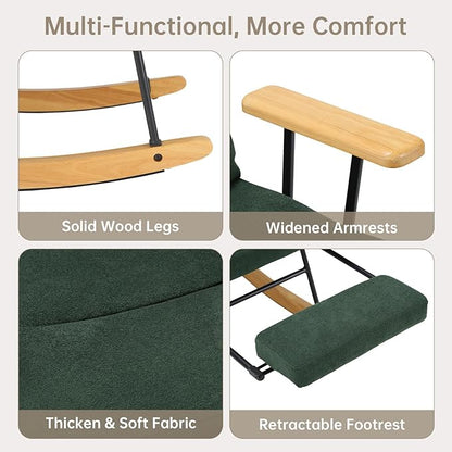 Rocking Chair with Footrest-Glider Rocker Chair with Retractable Footrest and Adjustable Backrest, Teddy Upholstered Rocking Chair Set of 2, Accent Chair for Living Room/Nursery/Bedroom/Outdoor-Green