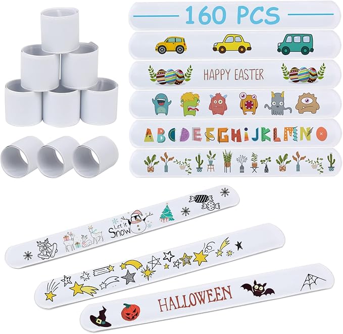 LOMIMOS 160Pcs White Slap Bracelets,Blank DIY Bands Wristbands Party Favors for Kids School Craft Projects Painting