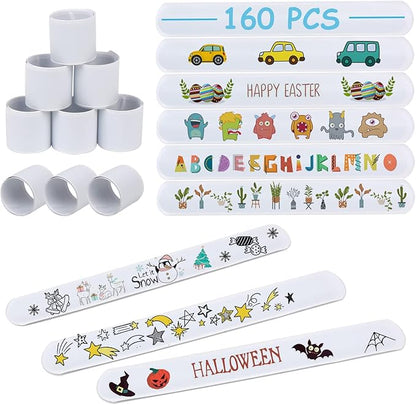 LOMIMOS 160Pcs White Slap Bracelets,Blank DIY Bands Wristbands Party Favors for Kids School Craft Projects Painting