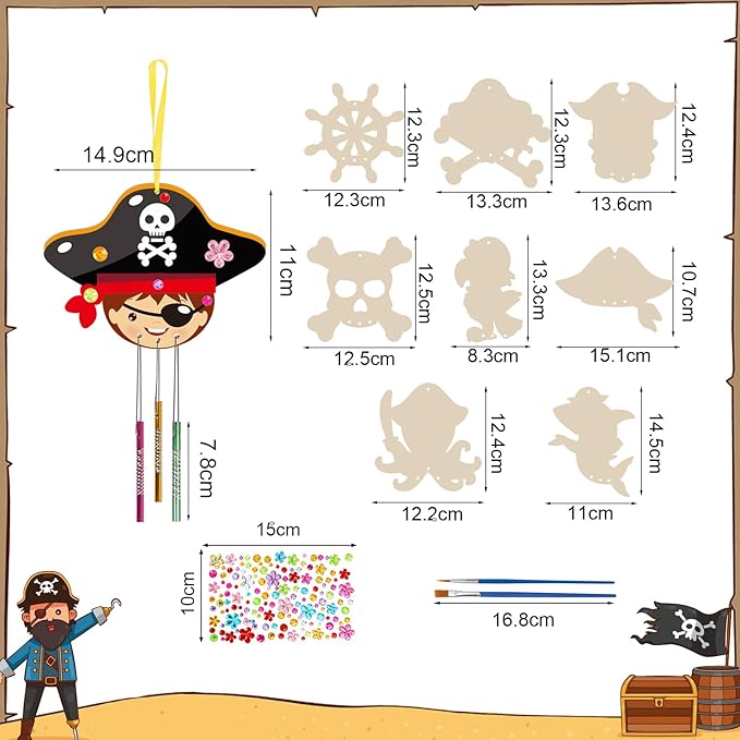 Fennoral 9 Pack Wind Chime Kit for Kids Make Your Own Pirates Wind Chime Wooden Arts and Crafts for Girls Boys Ornaments DIY Coloring Pirates Craft for Christmas Art Activity Birthday Party