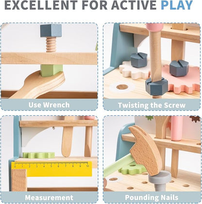 ROBOTIME Tool Bench Set for Toddlers - Mini Wooden Work Bench for Kids, Construction Toys w/Wooden Tools, Educational Pretend Play Gift Building Toy Tools Set for 18 Months 2 3 4 5 Boys Girls