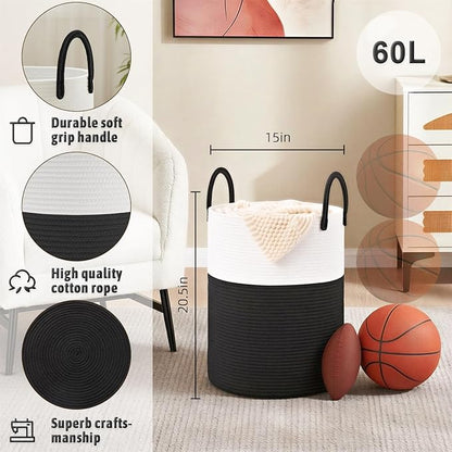 Artfeel Laundry Basket,Woven Cotton Rope Laundry Hamper,60L for Decorative Storage of Dirty Clothes,Toys and Blankets in Bathroom,Baby Room and Living Room