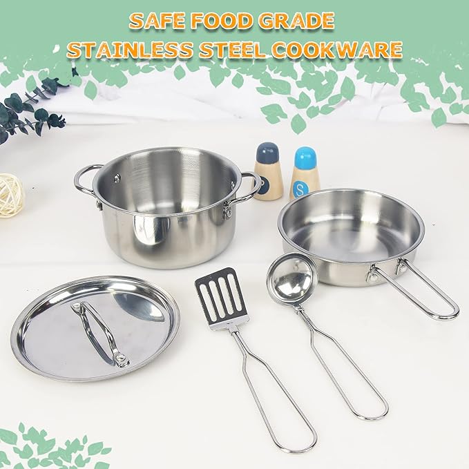 Kids Play Kitchen Toys, Stainless Steel Kitchen Utensils, Pretend Play Kitchen Accessories, Montessori Learning Toy for Toddlers 1-3