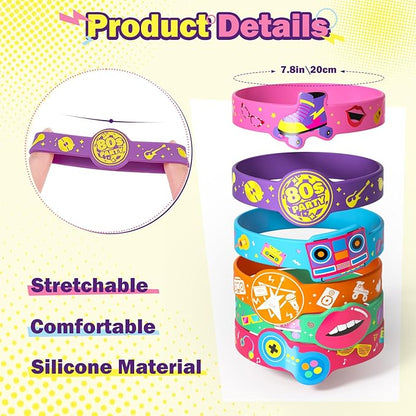 24 Pcs 90s 80s Party Favors Birthdays Supplies Silicone Bracelets Toy Gift Kid Teen Retro Classroom Prize Adult Disco Christmas Easter Hip Hop 80s Accessories 90s Theme Party Decorations