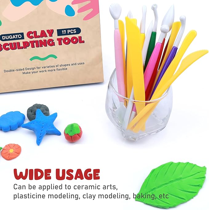 DUGATO Clay Modeling Tools, 17pcs Plastic Ceramic Pottery Tool Set, Double-Head Design, Assorted Colors, for Shaping and Sculpting, Cake Decorating Supplies Kit for Beginners DIY Craft
