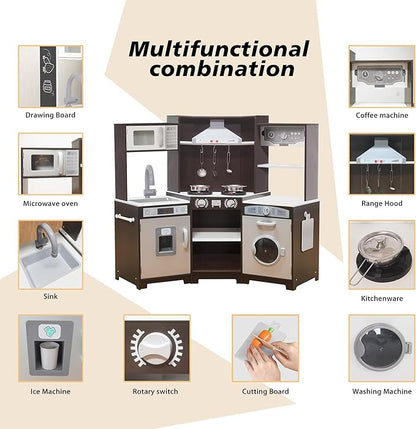 TaoHFE Corner Play Kitchen with Lights & Sounds Brown Kitchen Kids Toddler Kitchen Set with Washer, Chalkboard Wooden Kitchen Kids Playset with Washing Machine Range Hood Boys Gift for Ages 3+