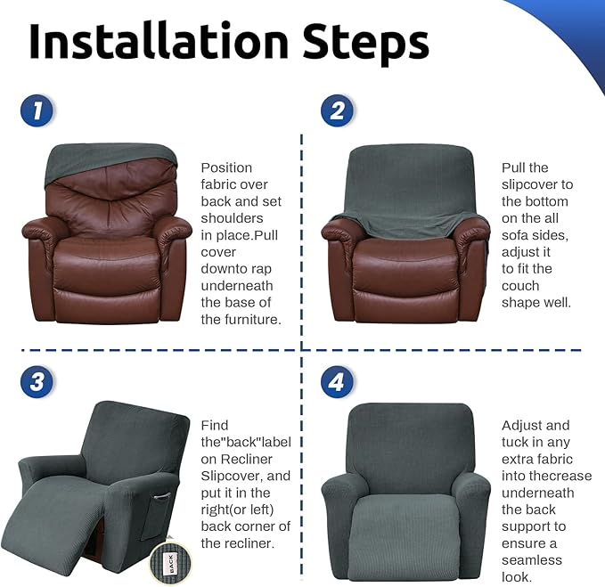 KEKUOU Recliner Chair Covers, Lazy Boy Recliner Covers Stretch Couch Cover Slipcovers 1 Piece Furniture Protector with Elastic Bottom for Dog,Kids.(Recliner, Grey)