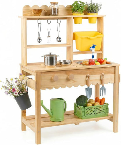 Wooden Mud Kitchen for Kids Outdoor - Play Kitchen with Real Running Water Sink & Removable Sink, 10-Piece Accessory Set with Stainless Steel Cookware & Planter Pots, Montessori Toy Gift for Ages 3+