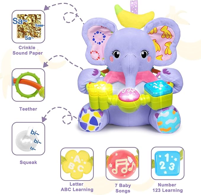 Holaxander Baby Elephant Musical Stuffed Animals Toy with Light-Up Music & Crinkle Sound Paper,Infant Bilingual Early Learning Education Toys,Tummy Time Toys for 0-3-6-12+ Months Boy Girl, Purple