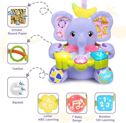 Holaxander Baby Elephant Musical Stuffed Animals Toy with Light-Up Music & Crinkle Sound Paper,Infant Bilingual Early Learning Education Toys,Tummy Time Toys for 0-3-6-12+ Months Boy Girl, Purple