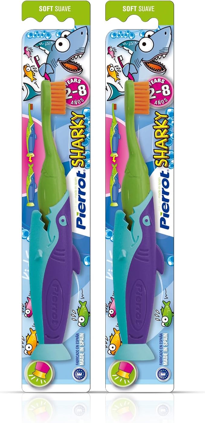 Pierrot Sharky Kids Toothbrush – Soft Bristles for Toddlers and Kids, Shark Handle with Suction Base and Cap, Easy-Grip Child-Friendly Toothbrush for Ages 2-8, Gentle Brushing, Pack of 2