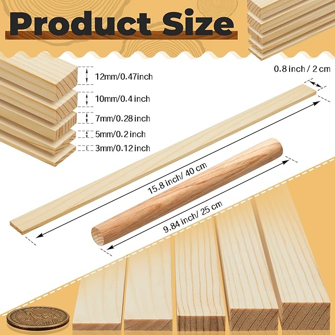FairySandy 11 Pcs Pottery Teaching Rolling Mud Stick Guide and Wood Rolling Pin Set Include 10 Pcs 15.8 x 0.8 Inches Mudboard Guide and Clay Roller Tools for Manual Self Made Clay Gift Decoration