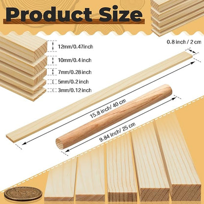 FairySandy 11 Pcs Pottery Teaching Rolling Mud Stick Guide and Wood Rolling Pin Set Include 10 Pcs 15.8 x 0.8 Inches Mudboard Guide and Clay Roller Tools for Manual Self Made Clay Gift Decoration