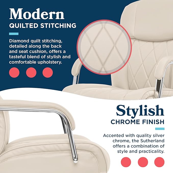 La-Z-Boy Sutherland Quilted Leather Executive Office Chair with Padded Arms, High Back Ergonomic Desk Chair with Lumbar Support, Ivory White Bonded Leather