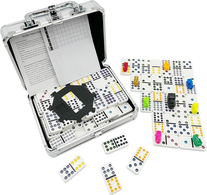 Mexican Train Dominoes Set, Double 12 Domine Set for Adults and Family, Classic 91 Tiles Board Grame with Aluminym Case