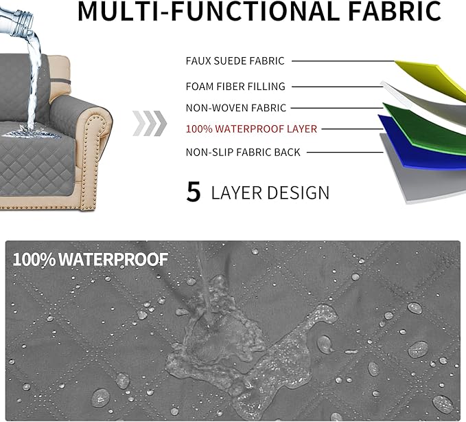 Easy-Going Sofa Slipcover Waterproof Sofa Cover Couch Cover for 4 Cushion Couch with Elastic Straps Washable Non-Slip Furniture Protector Cover for Pets, Dogs, Cat (XX-Large, Grey)
