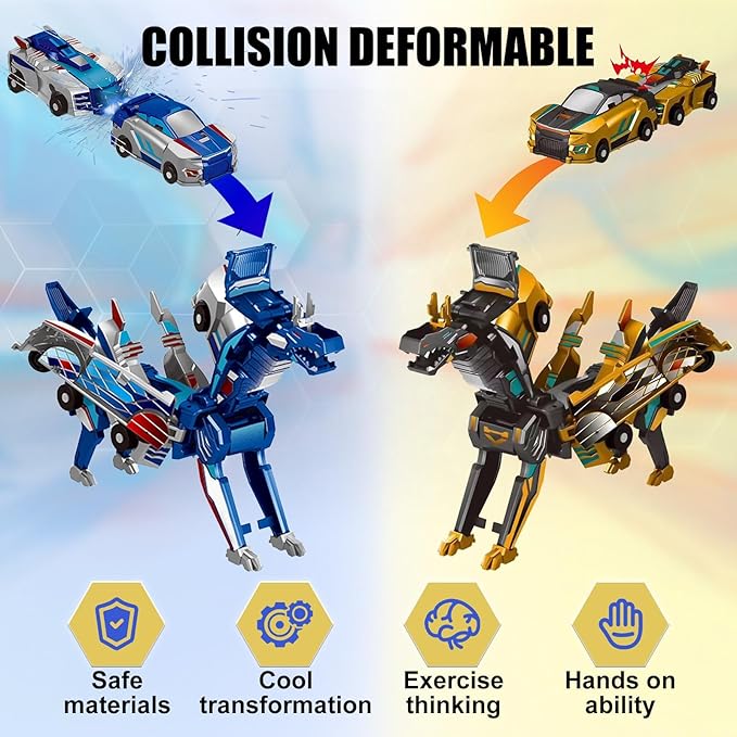 Aimery Collision Transforming Dinosaur Car Toy, 2 Magnetic Cars Convert into Dinosaur Toys,Dino Robot Toy, Boys Toys,Kids Toys, Party Birthday for Kids (Gold Blue)
